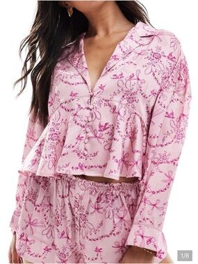 Free People Intimately Pink Floral Button-Front Satin Pajama Set Top
